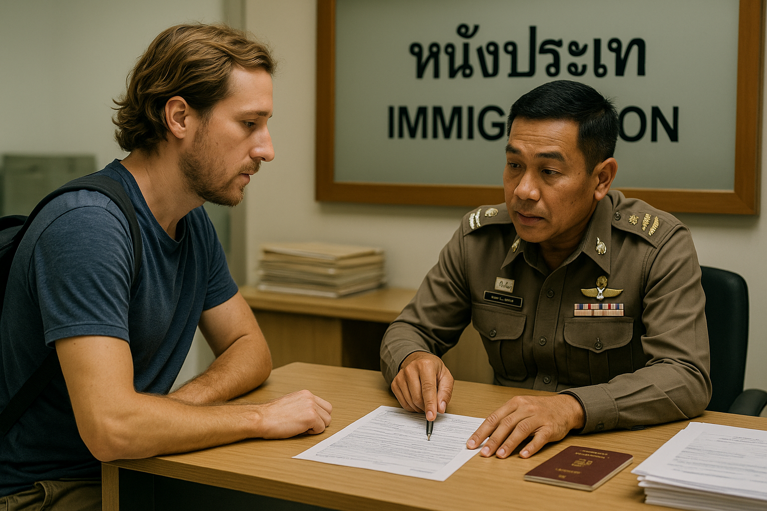 A foreign digital nomad, with a laptop bag, sits across from a Thai immigration officer inside a government office