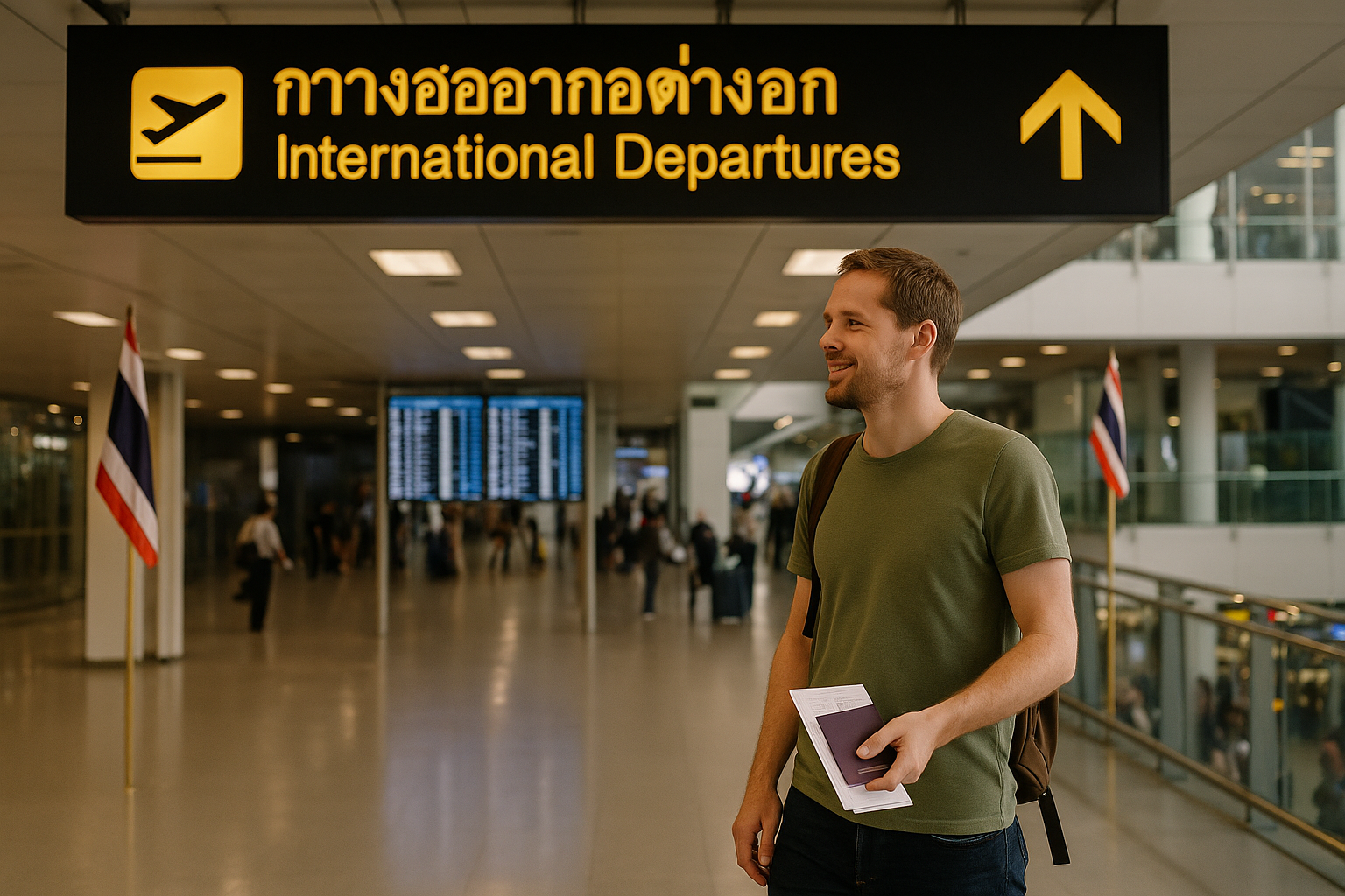 A relieved-looking expat walks toward the international departures sign at a major Thai airport, holding passport and travel documents.