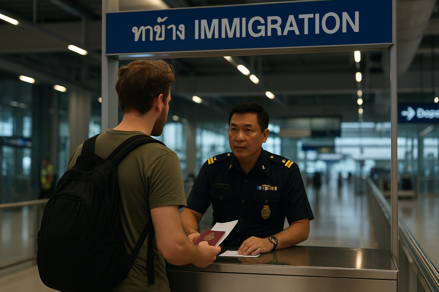 A foreign expat, casually dressed with a backpack, stands at a well-lit Thai immigration desk in a modern airport, holding passport and documents.